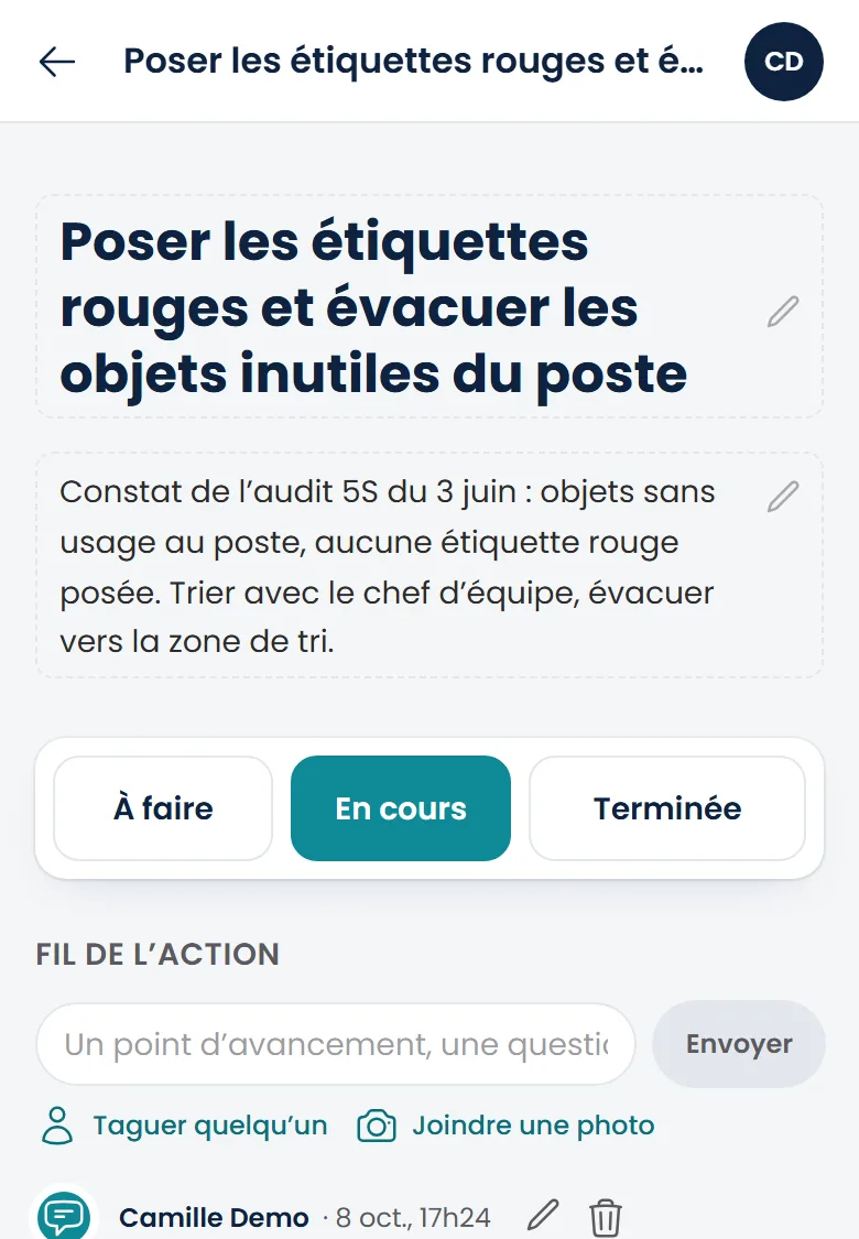L’action née d’un écart : un responsable, une échéance, un fil de suivi, et l’écart d’origine attaché (données de démonstration).