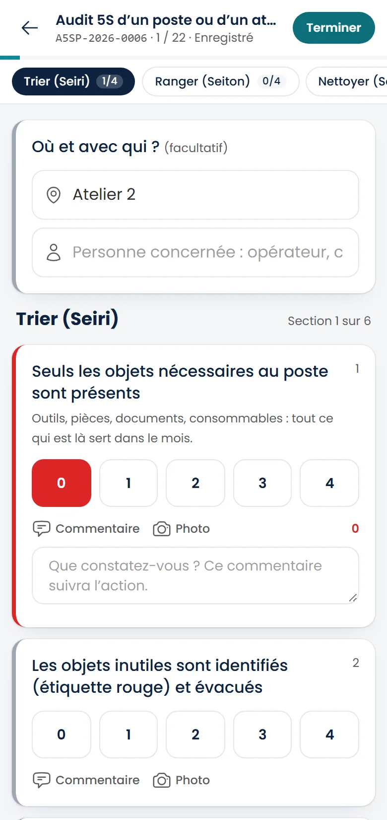 Un audit 5S en cours de remplissage sur téléphone (données de démonstration).